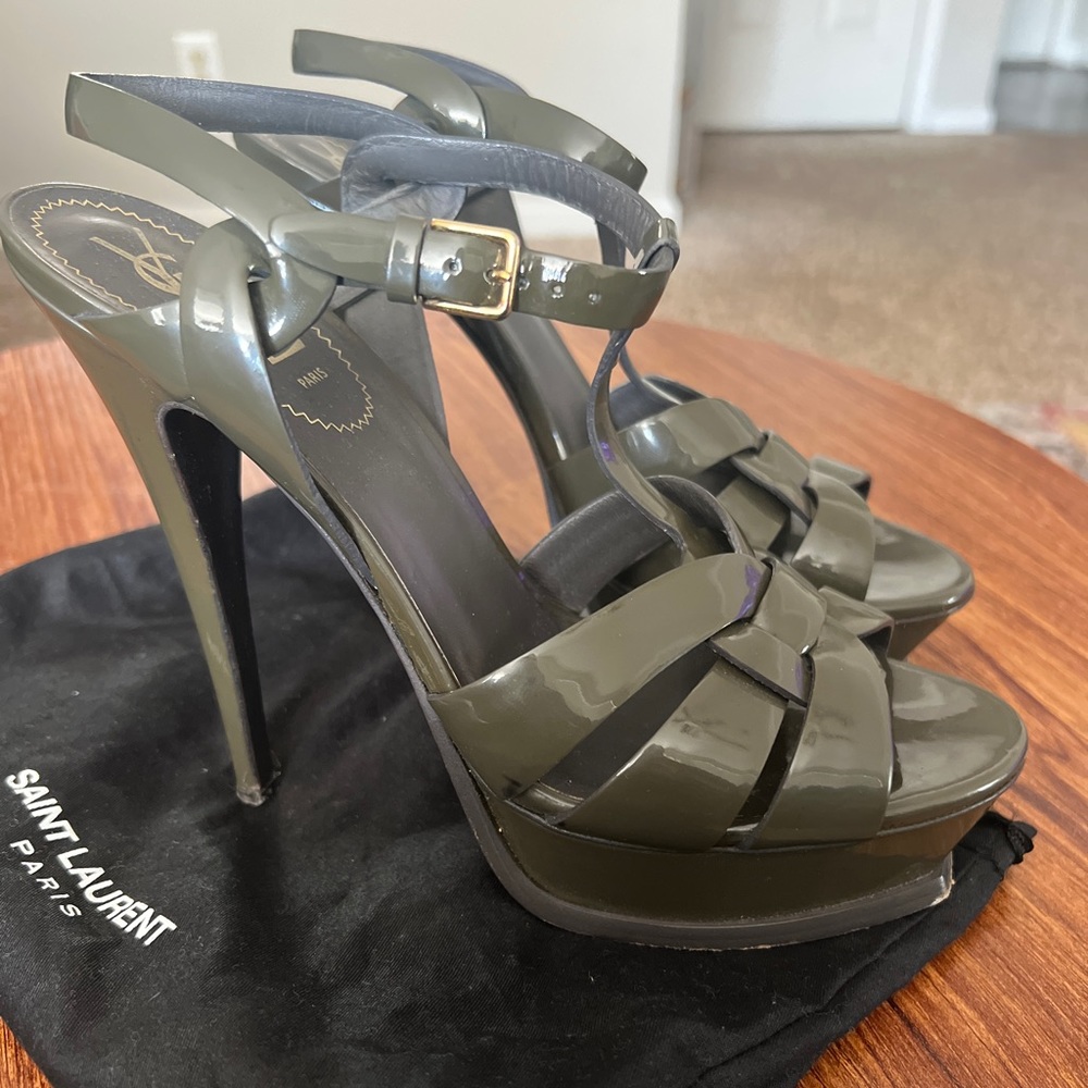 Saint Laurent Tribute Platform Sandals in Parent Leather (Olive)